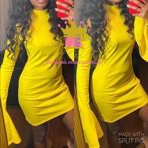 Trendy Half A Turtleneck Yellow Mini Dress